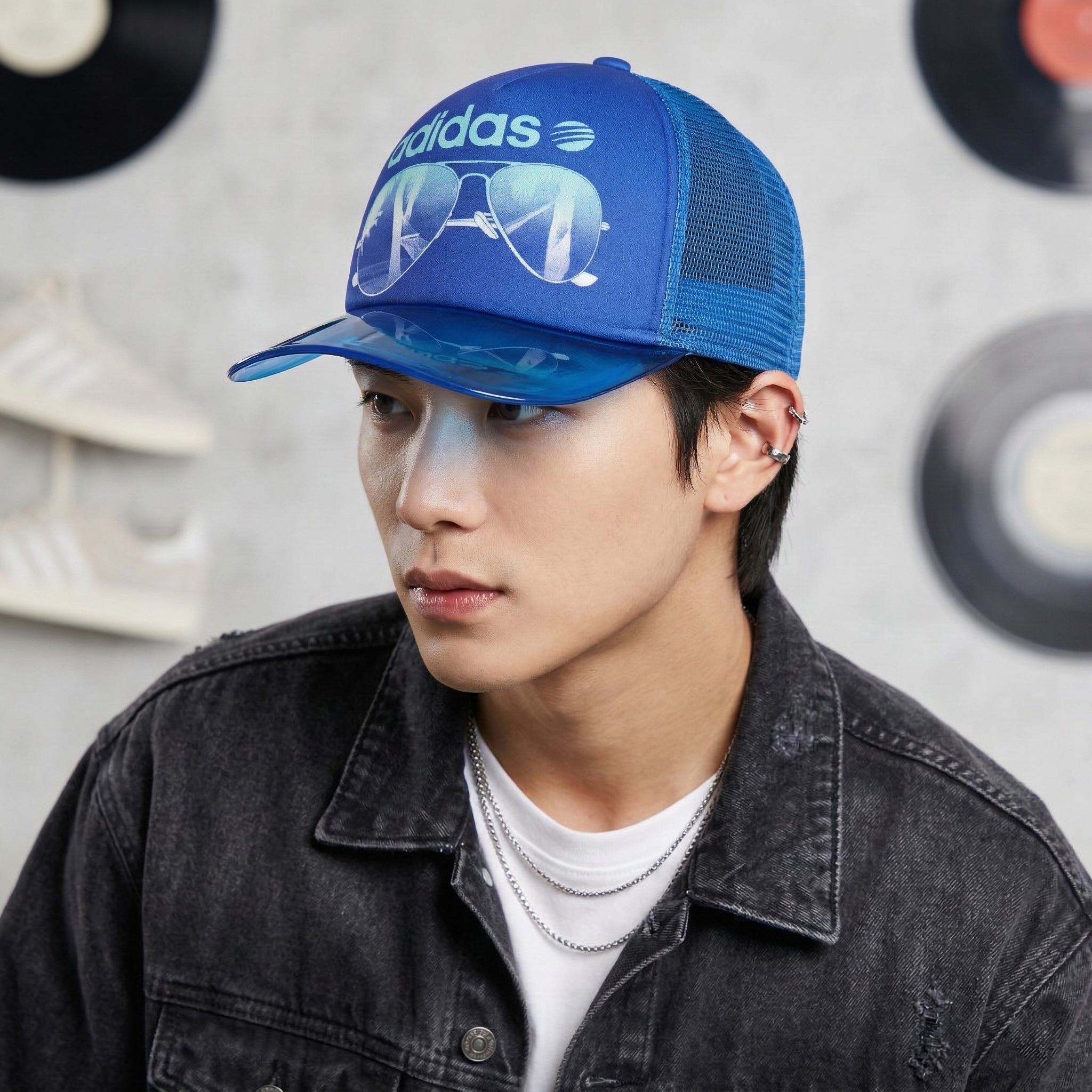 Unisex Adidas Neo Blue Thrifted Trucker Hat with Transparent Visor