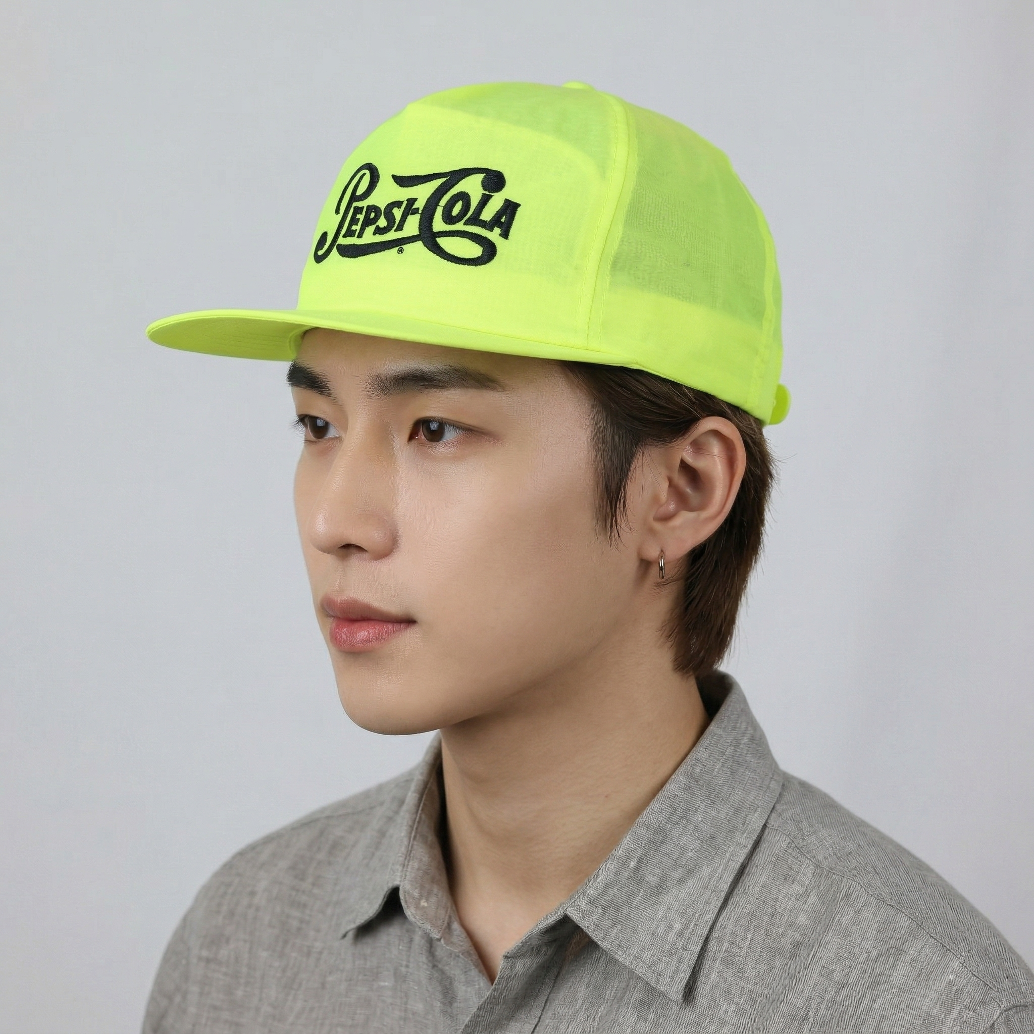 Neon Yellow Pepsi-Cola Embroidered Nylon Thrifted Hat – Classic 5-Panel Cap