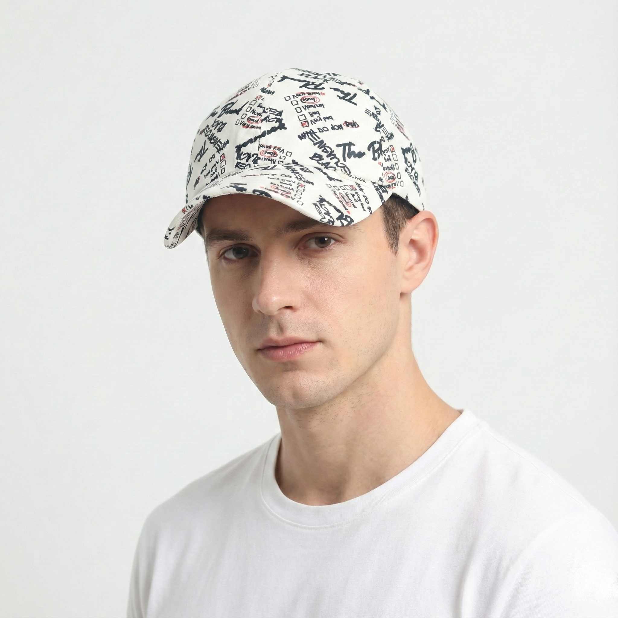 B.Reclusive Graffiti Print Baseball Thrifted Cap - Trendy White & Black Streetwear Hat