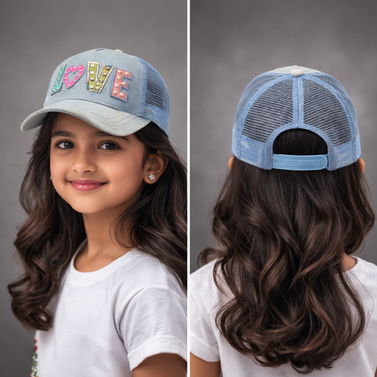 Retro Light Wash Denim "LOVE" Patch Thrifted Cap - Blue Mesh Snapback