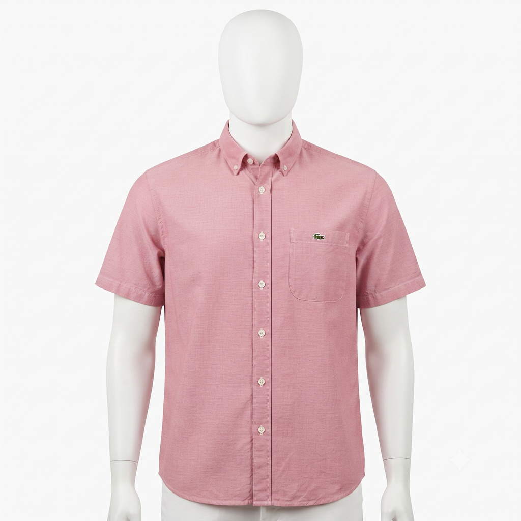Thrifted Lacoste Men's Pink Short Sleeve Button-Down Shirt - Size XL