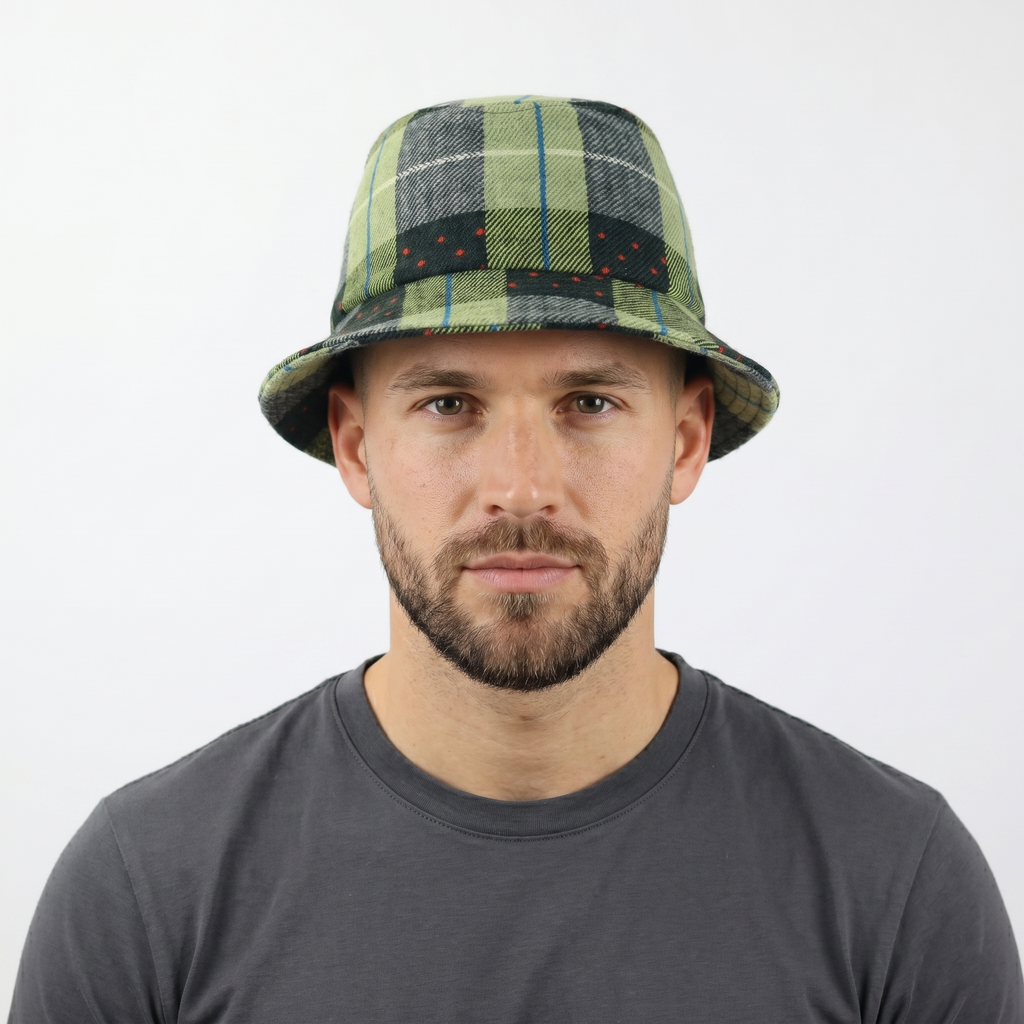 Plaid Wool-Mix Streetwear Bucket Hat - Green/Blue/Red Dotted Pattern