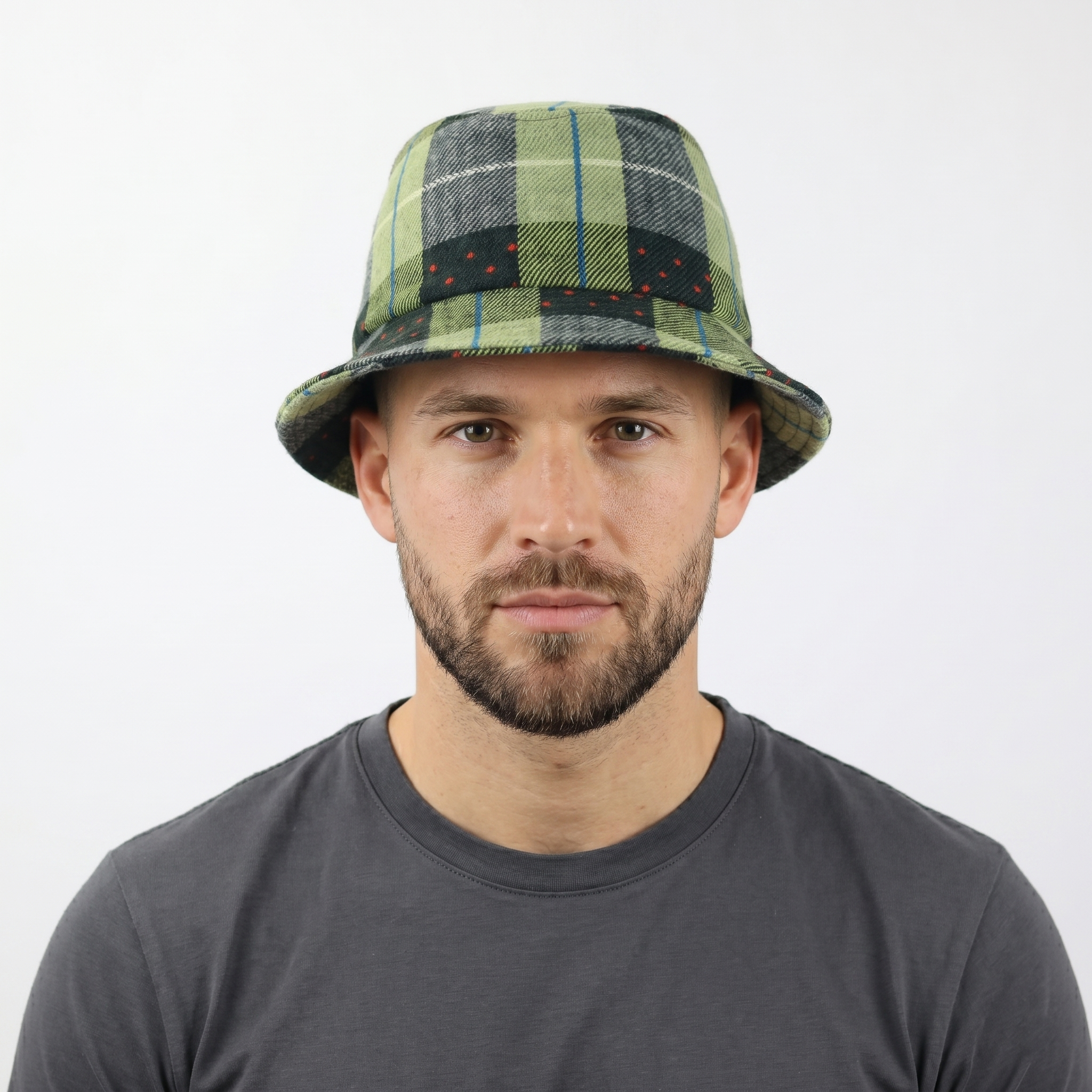 Plaid Wool-Mix Streetwear Bucket Hat - Green/Blue/Red Dotted Pattern
