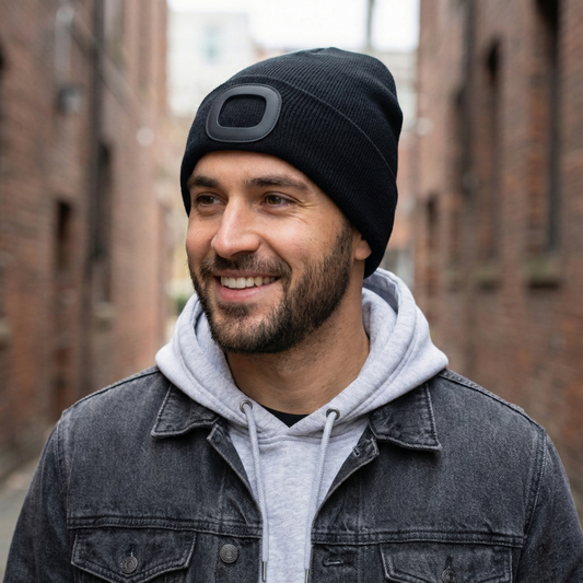 Modern Streetwear Black Thrifted Knit Beanie with Rubberized "O" Patch