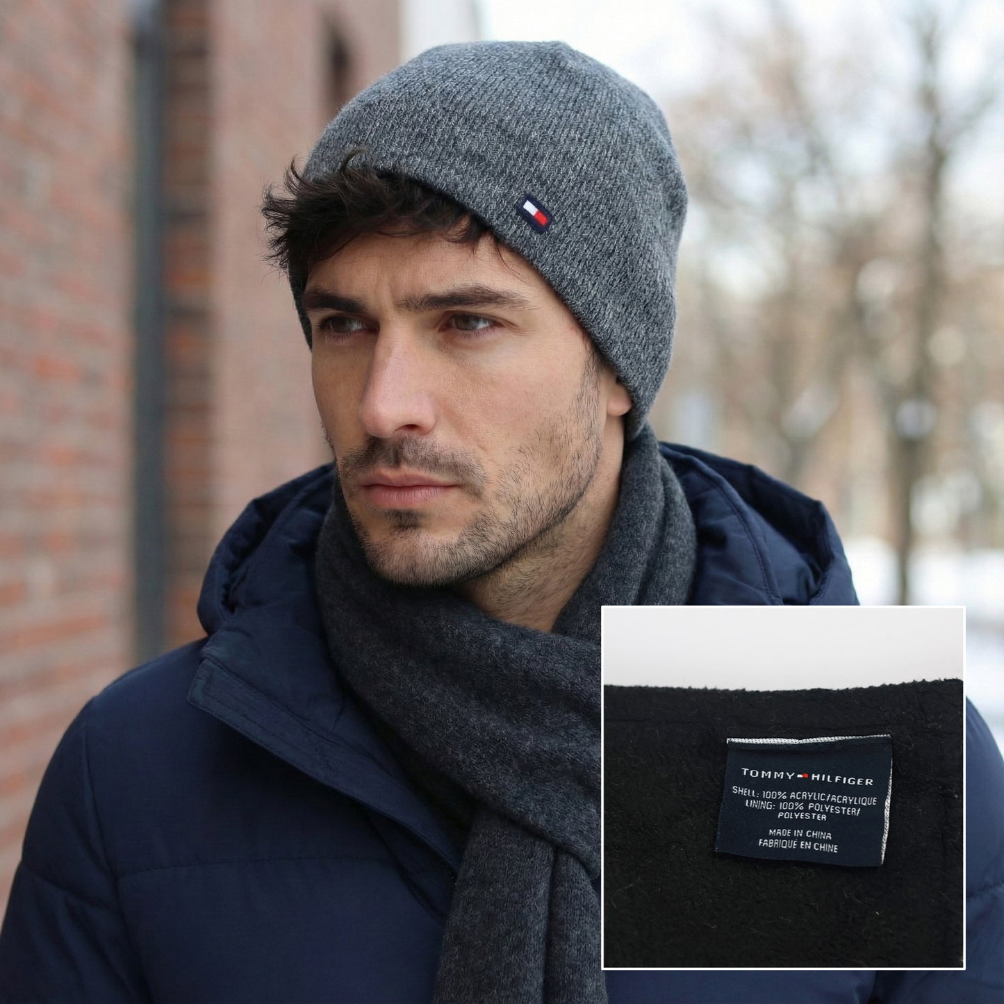 Tommy Hilfiger Unisex Grey Ribbed Thrifted Beanie - Classic Flag Logo Hat