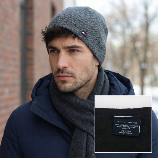 Tommy Hilfiger Unisex Grey Ribbed Thrifted Beanie - Classic Flag Logo Hat