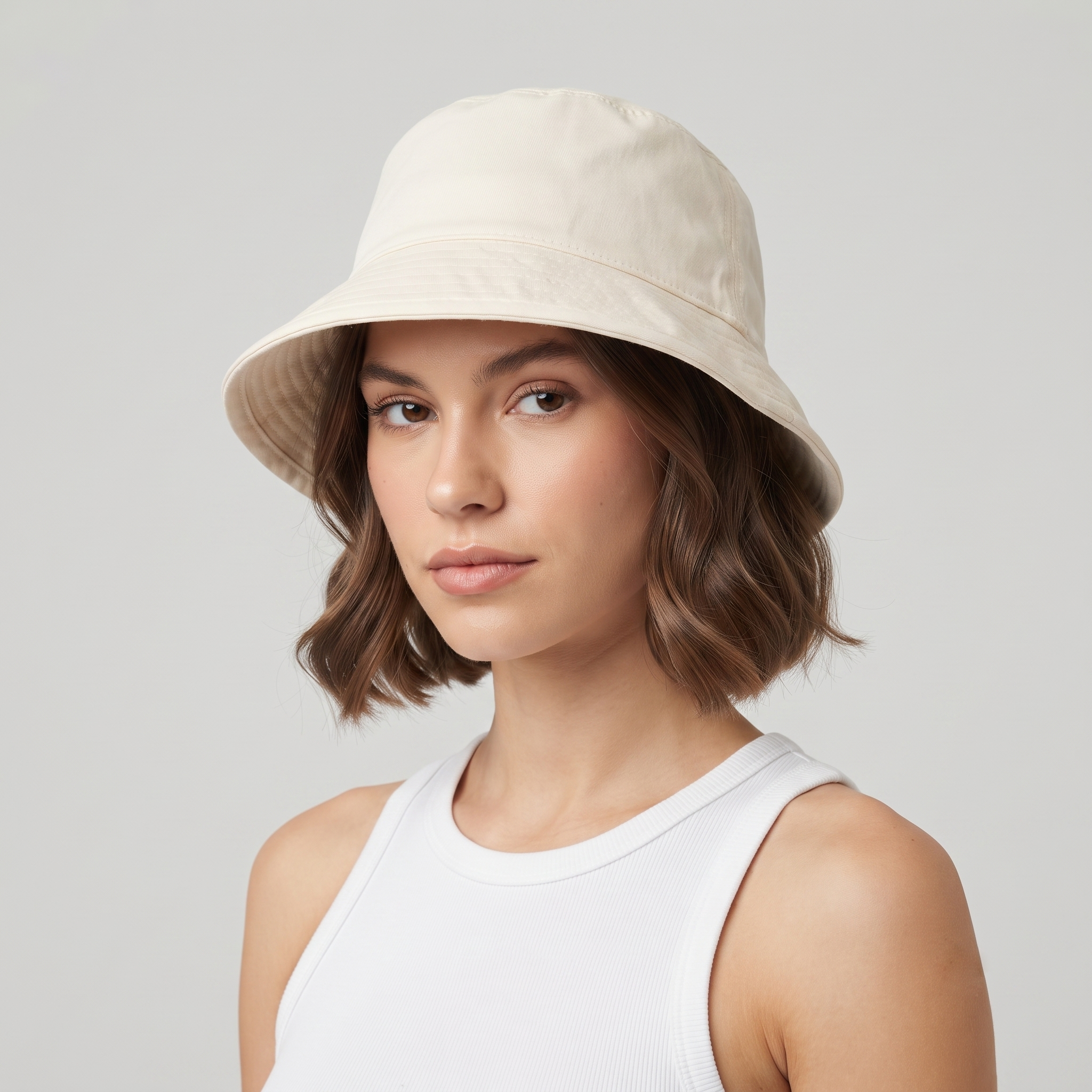 Thrifted Marchen Cream Solid Twill Sun Bucket Hat - Size 58cm