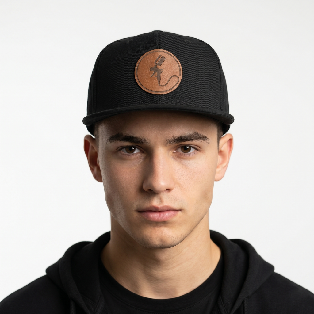 Vintage Style Beechfield Black Snapback - Engraved Leather Painter Cap