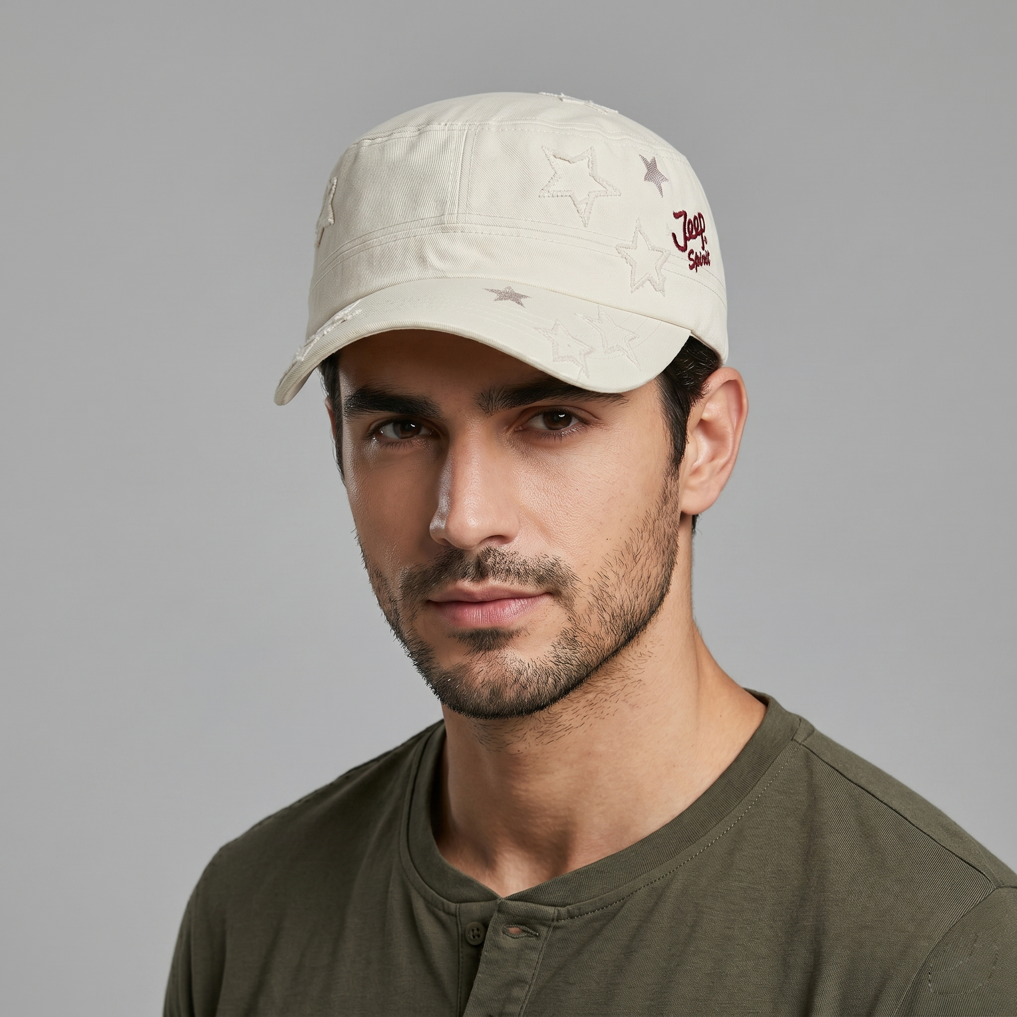 Thrifted Jeep Spirit Embroidered Star Cream Army Style Hat