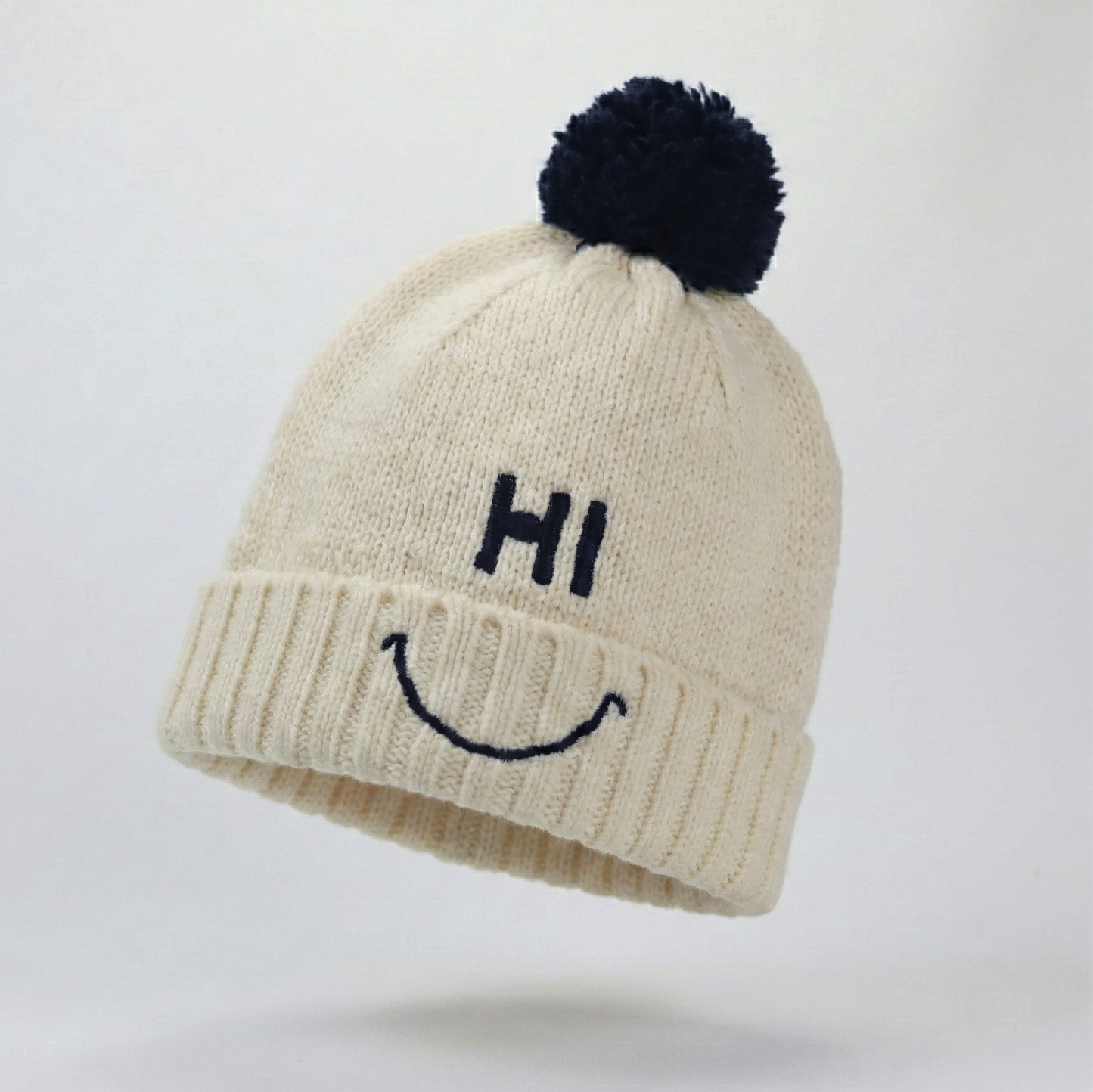 Cute "HI" Smiley Winter Hat – Cream Knit with Navy Pom-Pom (Size 52)