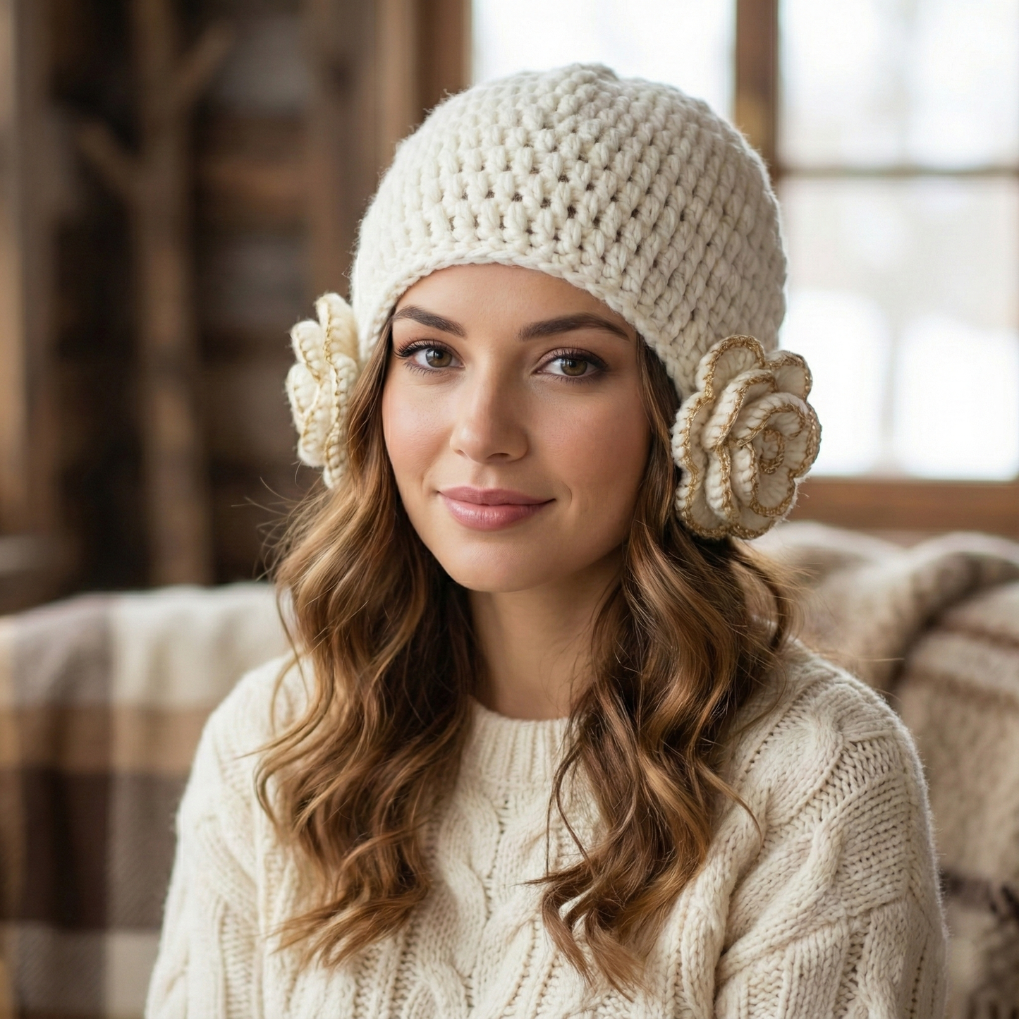 Cream Crochet Beanie with Large 3D Rose Ear Muffs
