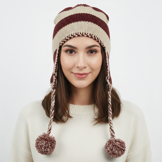 Adult Unisex Winter Beanie - Warm Knit Hat Red & Brown