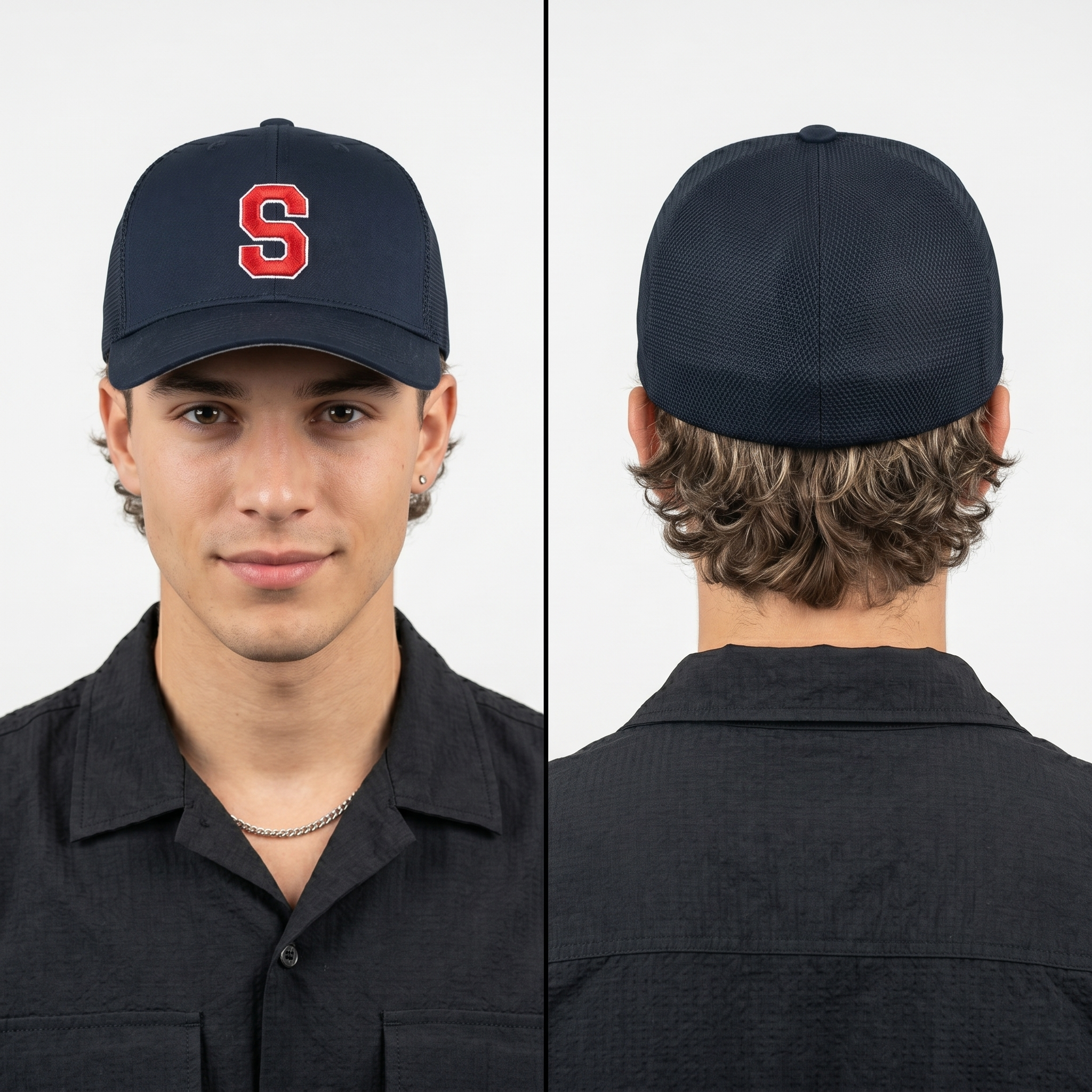 Kamista Embroidered "S" Mesh Back Cap - Navy Blue Dual Thrifted Fitted Hat