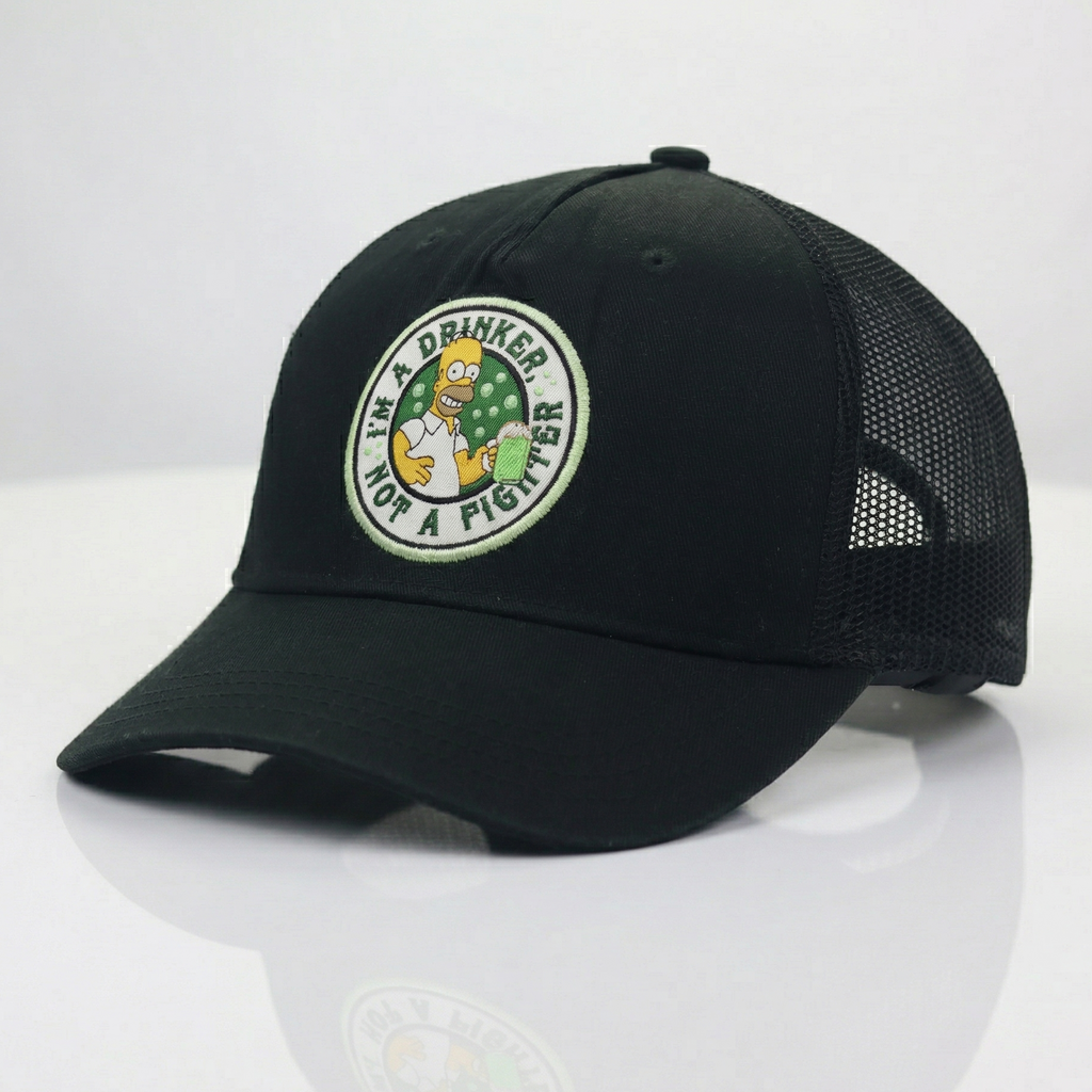 The Simpsons Homer Drinker Thrifted Trucker Hat - Black Mesh Back Cap