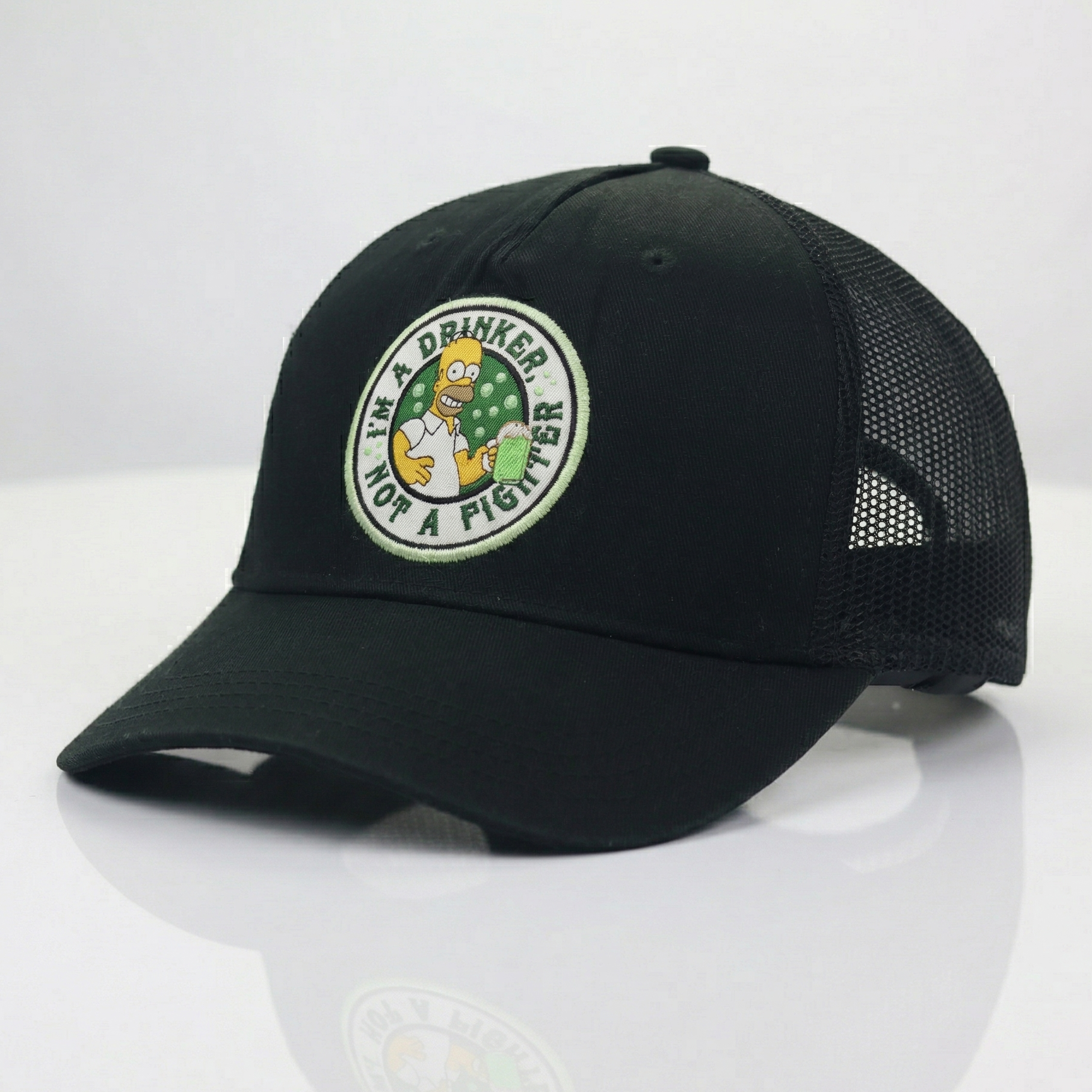 The Simpsons Homer Drinker Thrifted Trucker Hat - Black Mesh Back Cap