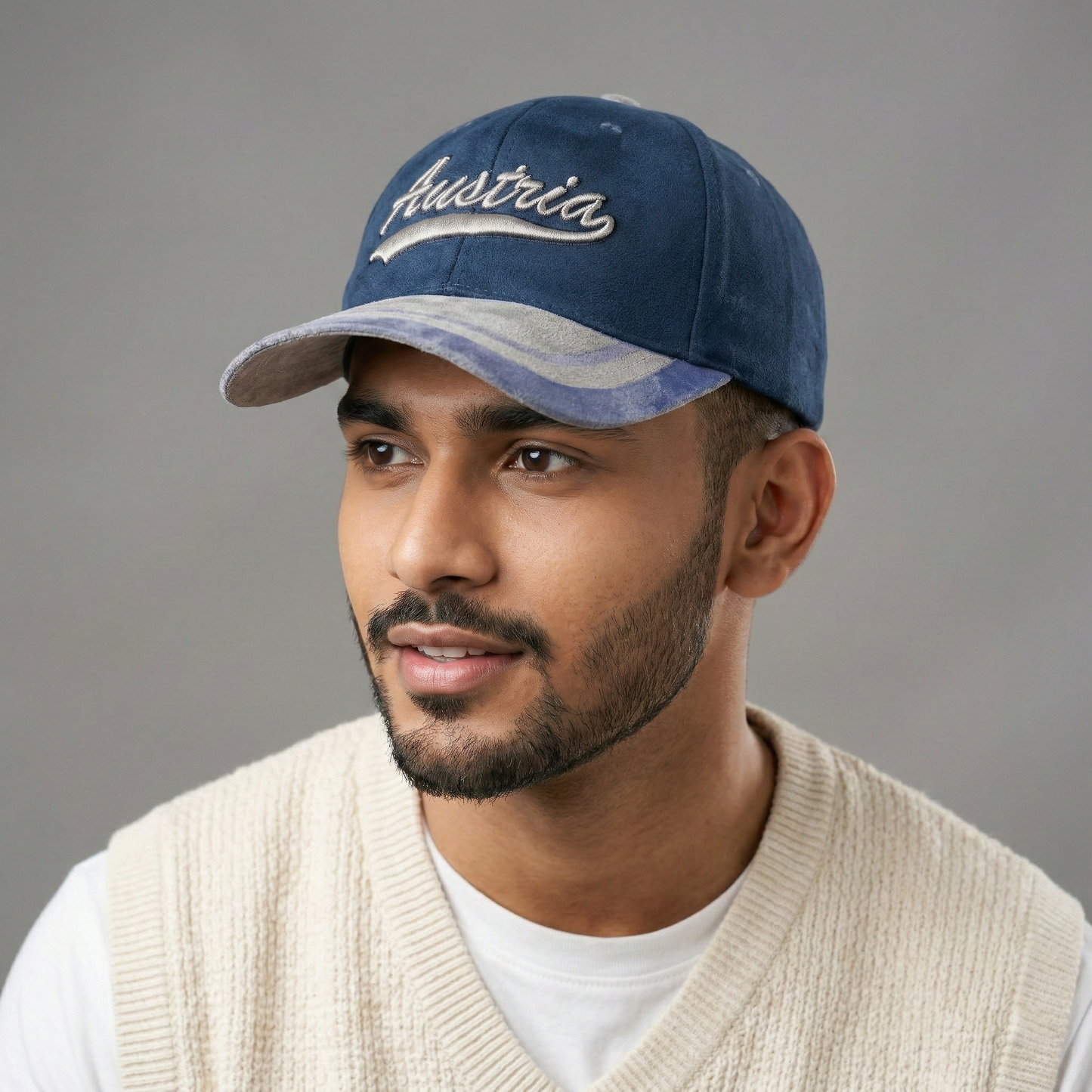 Austria Script Navy Blue & Grey Suede-Like Thrifted Baseball Cap