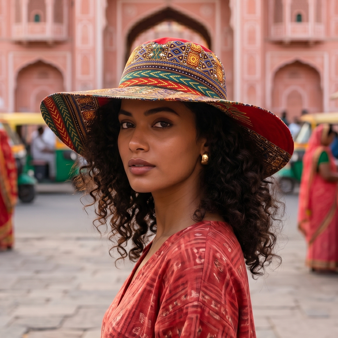 Vintage African Dashiki Print Wide Brim Sun Hat - Vibrant Red