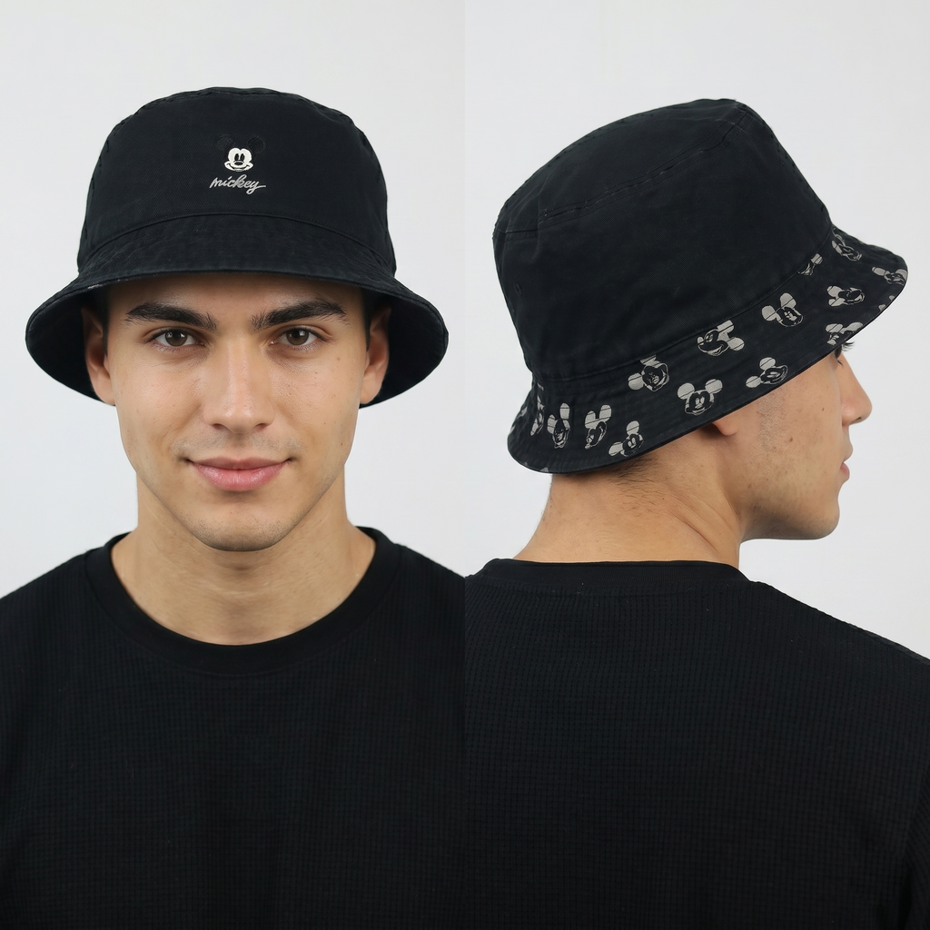 Thrifted Mickey Mouse Embroidered Black Cotton Bucket Cap