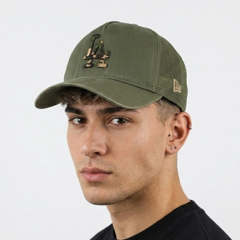 Thrifted LA Dodgers Olive Green Mesh Trucker Cap | Camo Logo