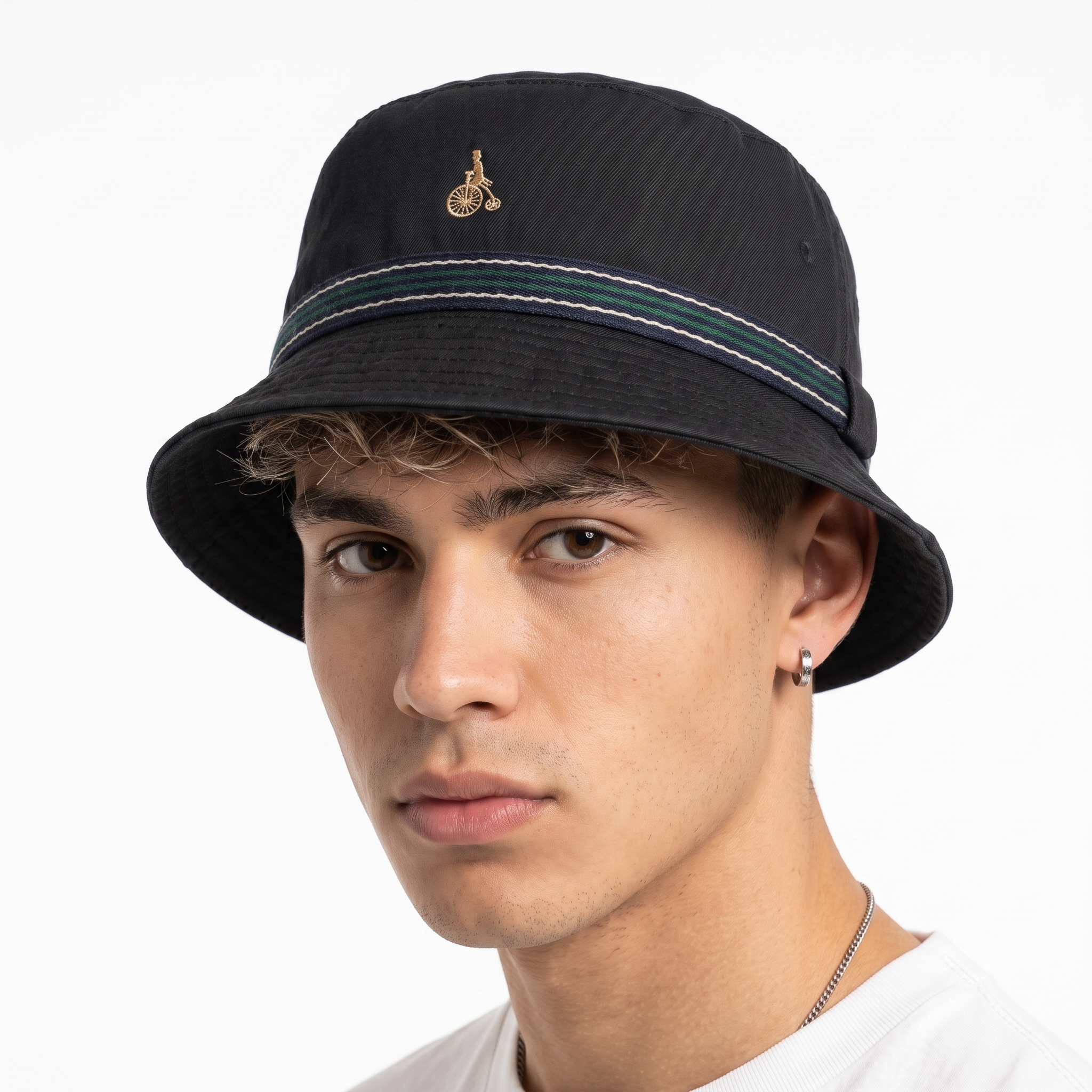 Thrifted Bean Pole Navy Blue Striped Ribbon Bucket Hat - Size 57cm