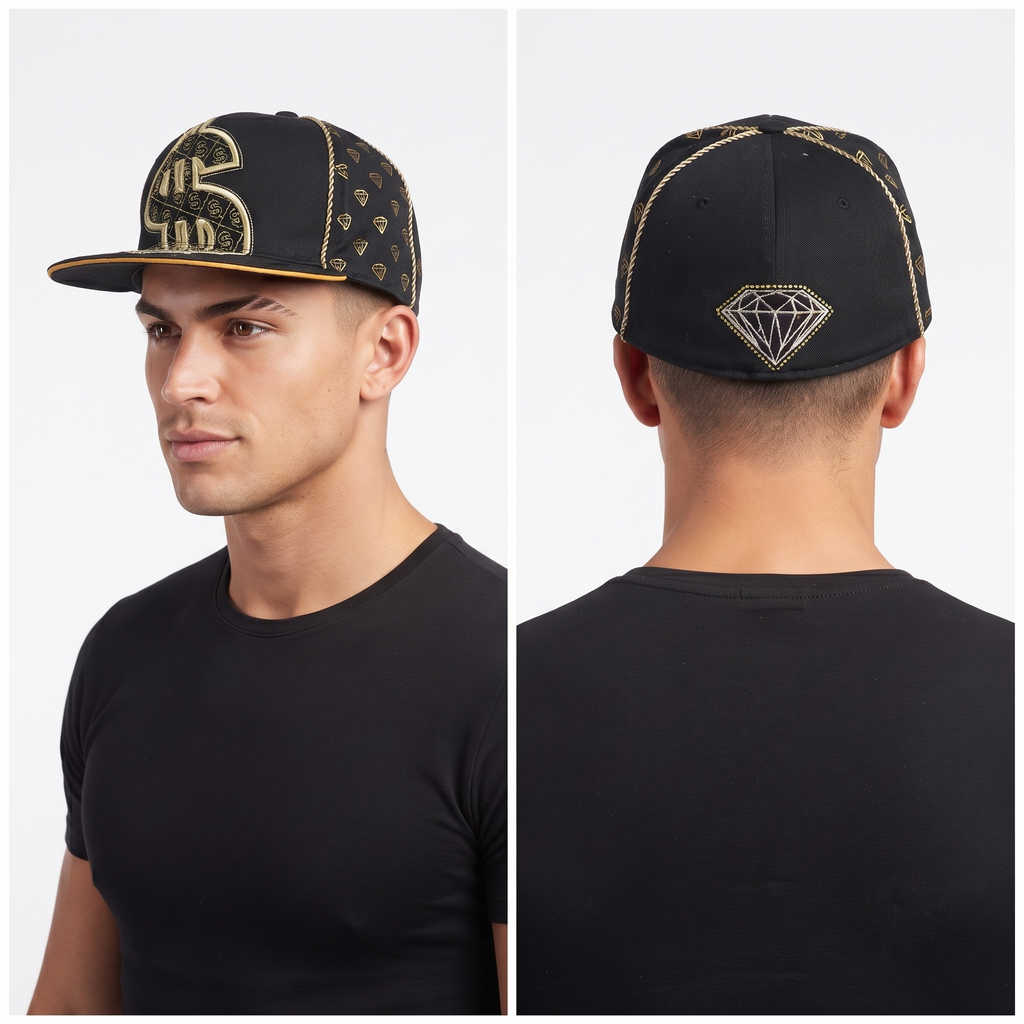 KBETHOS Dollar Sign & Diamond Fitted Cap - Black Metallic Gold Hip Hop Hat
