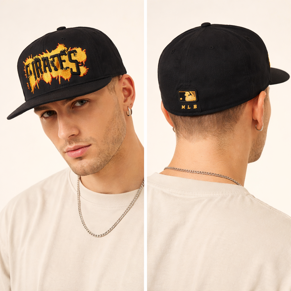 Vintage MLB Pirates Black Flat Brim Thrifted Hat - 210 Fitted by Flexfit