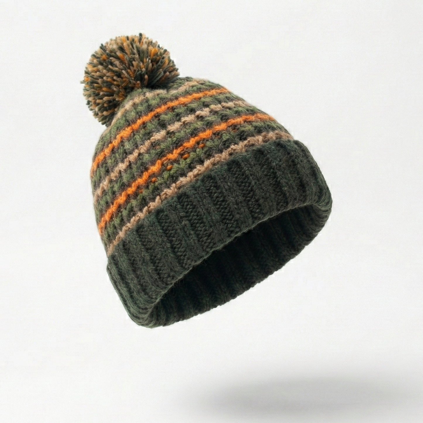 Made in Korea Zig-Zag Knit Beanie | Forest Green & Orange Pom Pom Hat | Retro Style