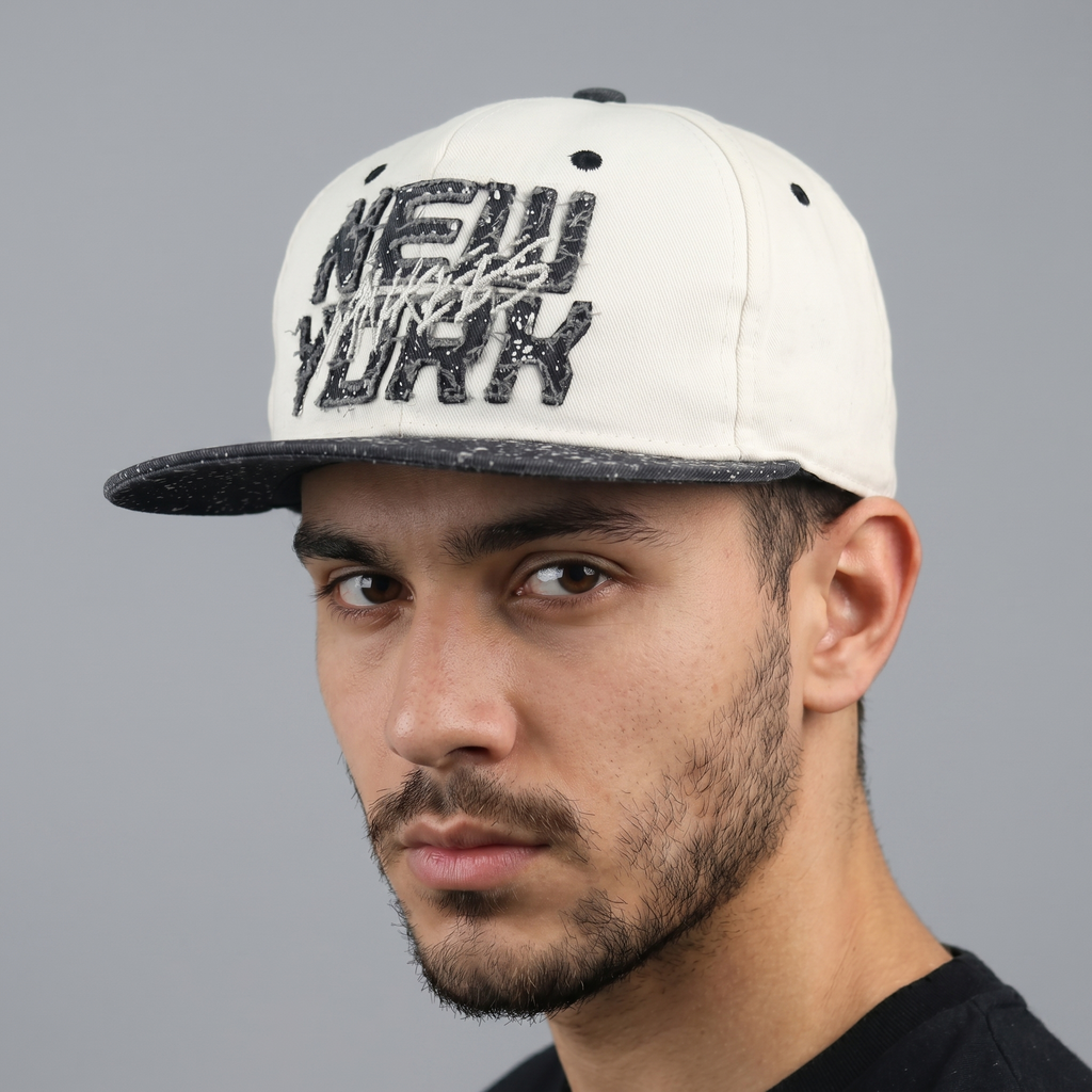 Thrifted NY Spellout Speckled Paint Splatter Flat Brim Cap