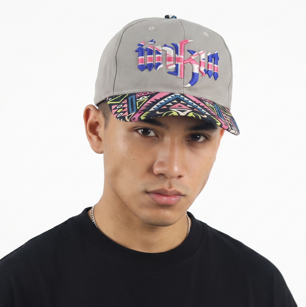 Thrifted Unkut Streetwear Snapback Hat | Grey with Multicolor Aztec Visor