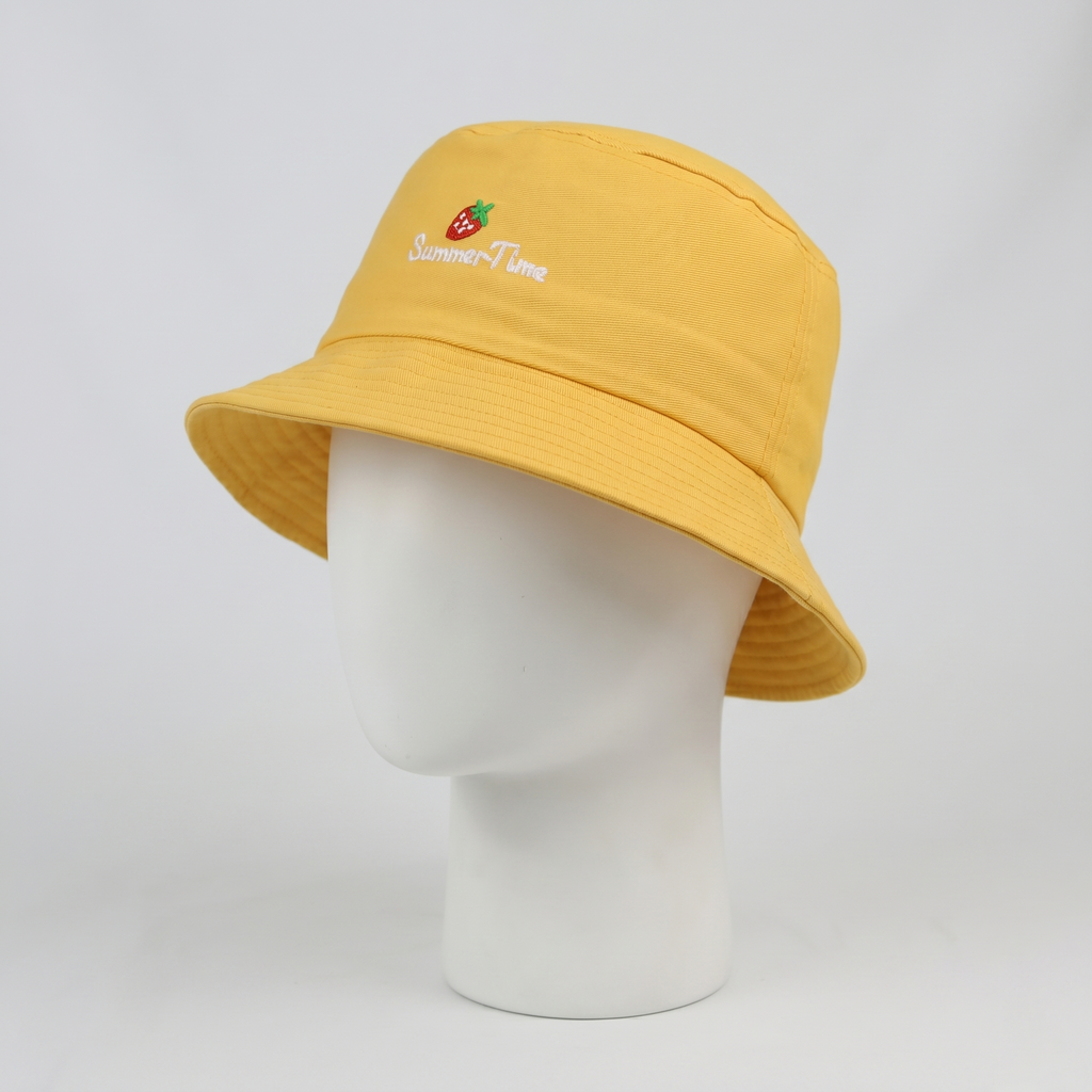Thrifted Pastel Mustard Bucket Hat with Cute Strawberry Embroidery