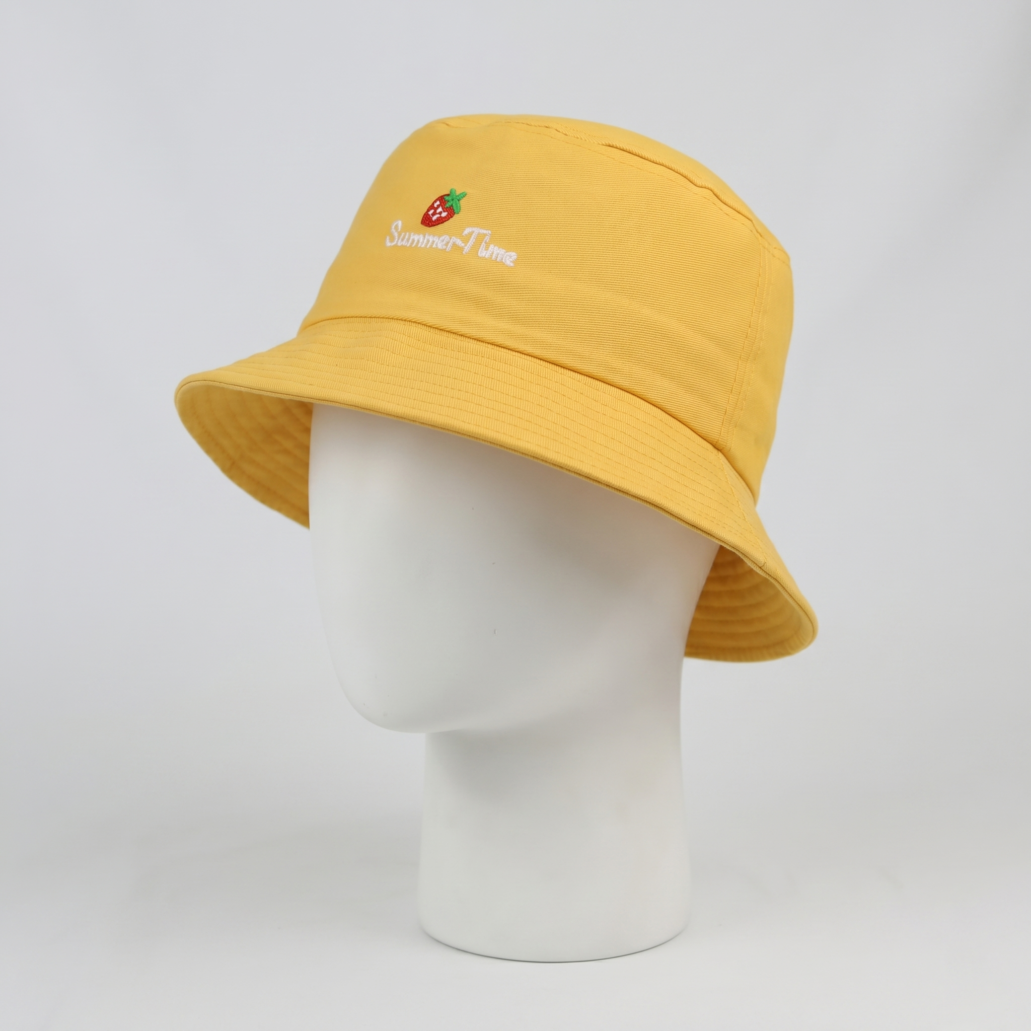 Thrifted Pastel Mustard Bucket Hat with Cute Strawberry Embroidery