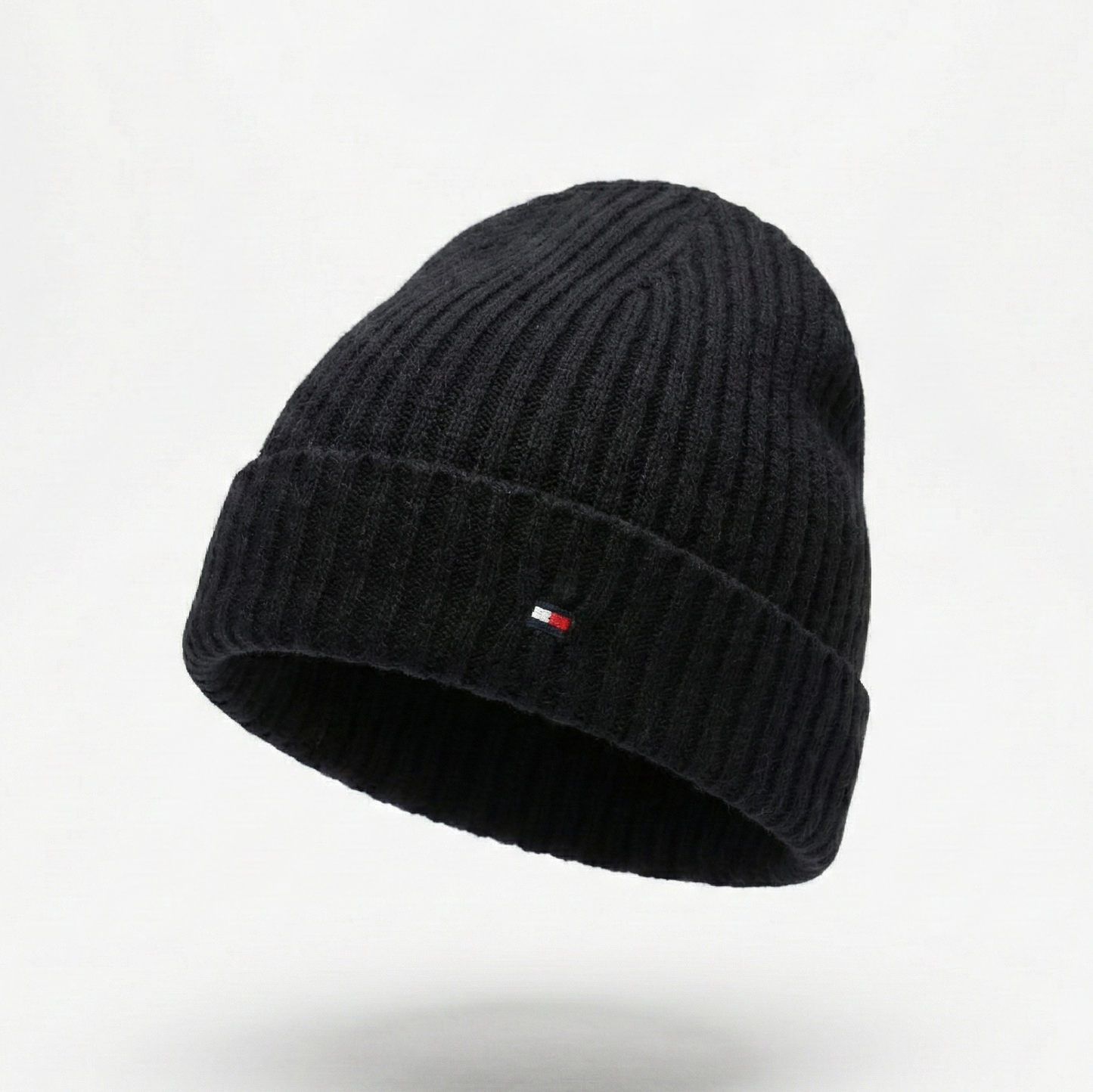 Tommy Hilfiger Signature Flag Thrifted Beanie – Black Ribbed Winter Knit Hat