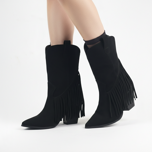 Women’s Black Tassel Fringe Thrifted Boots – Chic Pointed Toe Western Block Heels