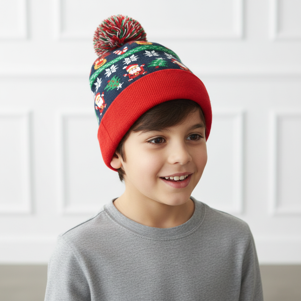 Festive Christmas Knit Beanie – Santa, Reindeer & Snowflake Pom-Pom Hat
