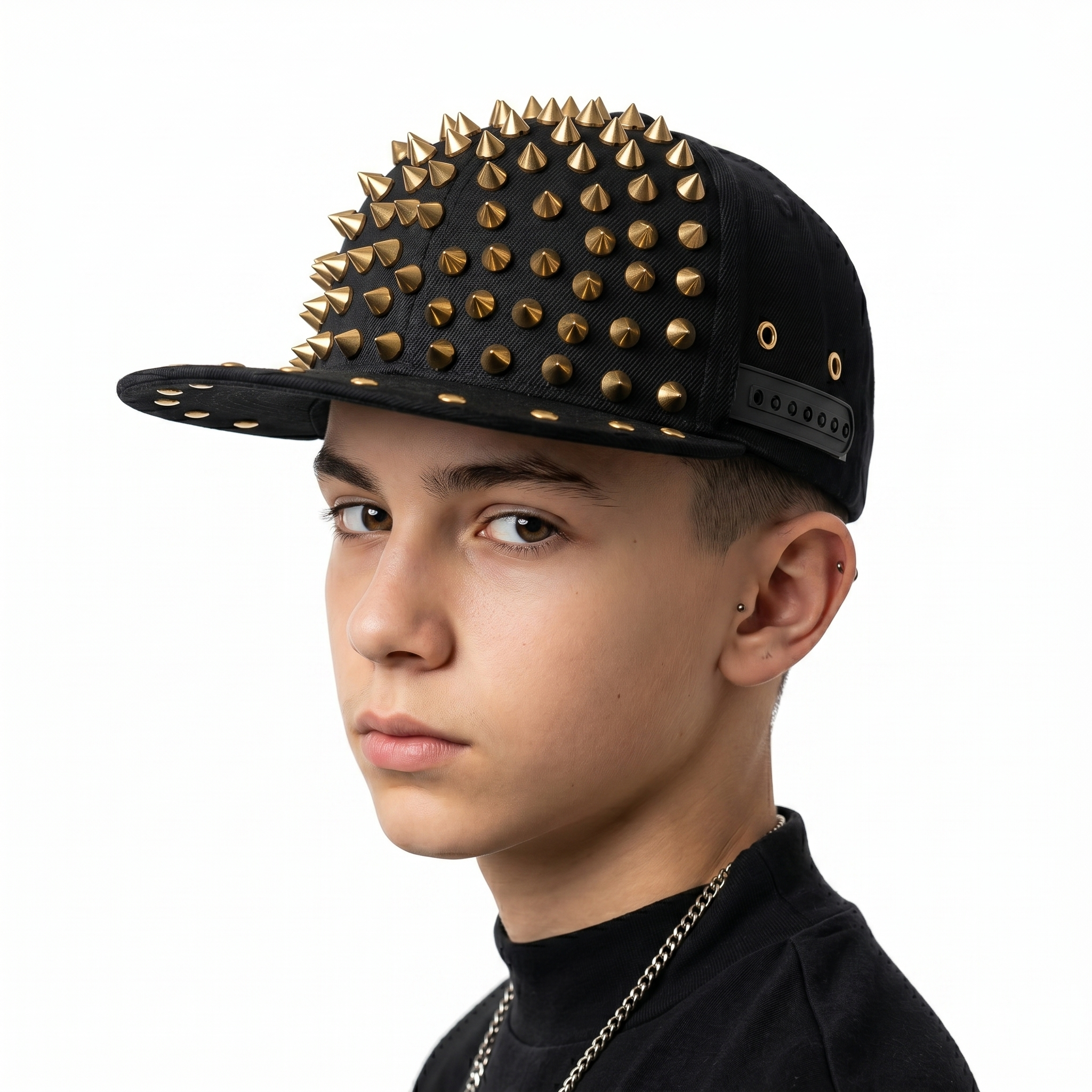 Gold Cone Studded Black Baseball Cap - Retro Gothic Rivet Snapback