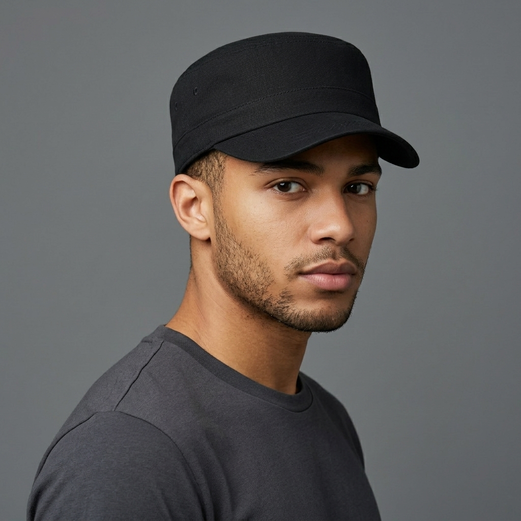 Minimalist All-Black Flat Top Patrol Thrifted Hat - Made in Korea Streetwear