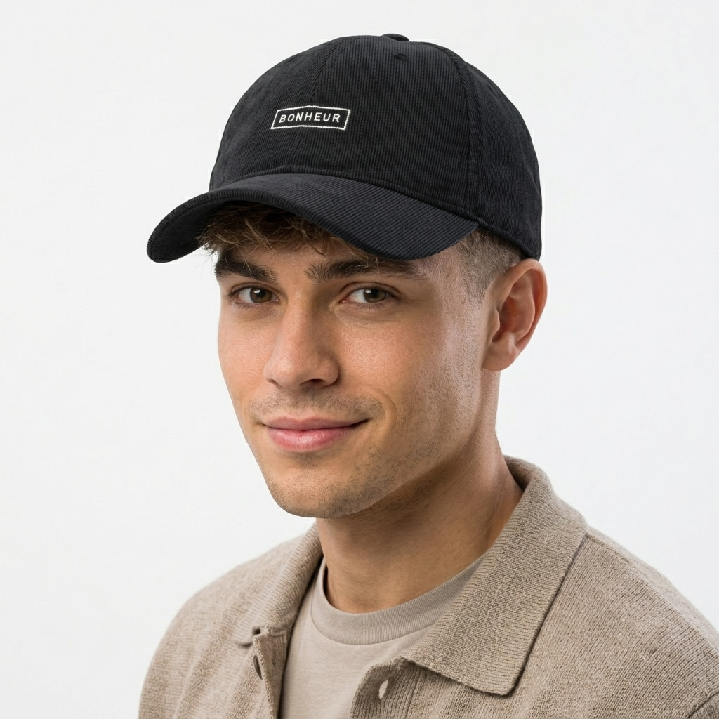 Thrifted Black Ribbed Corduroy "Bonheur" Box Patch Baseball Cap | 10776