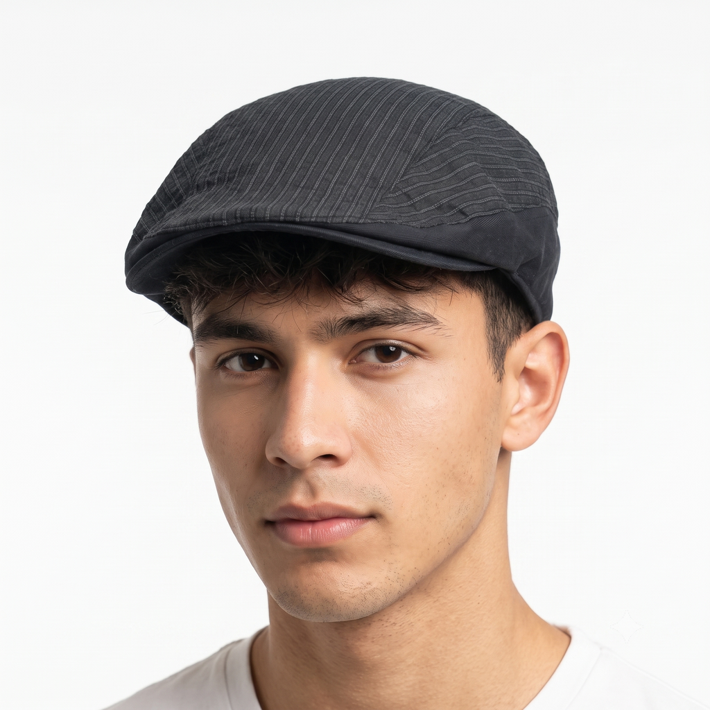 Thrifted Dark Grey Textured Stripe Flat Cap Ivy Driver Hat (59 cm)