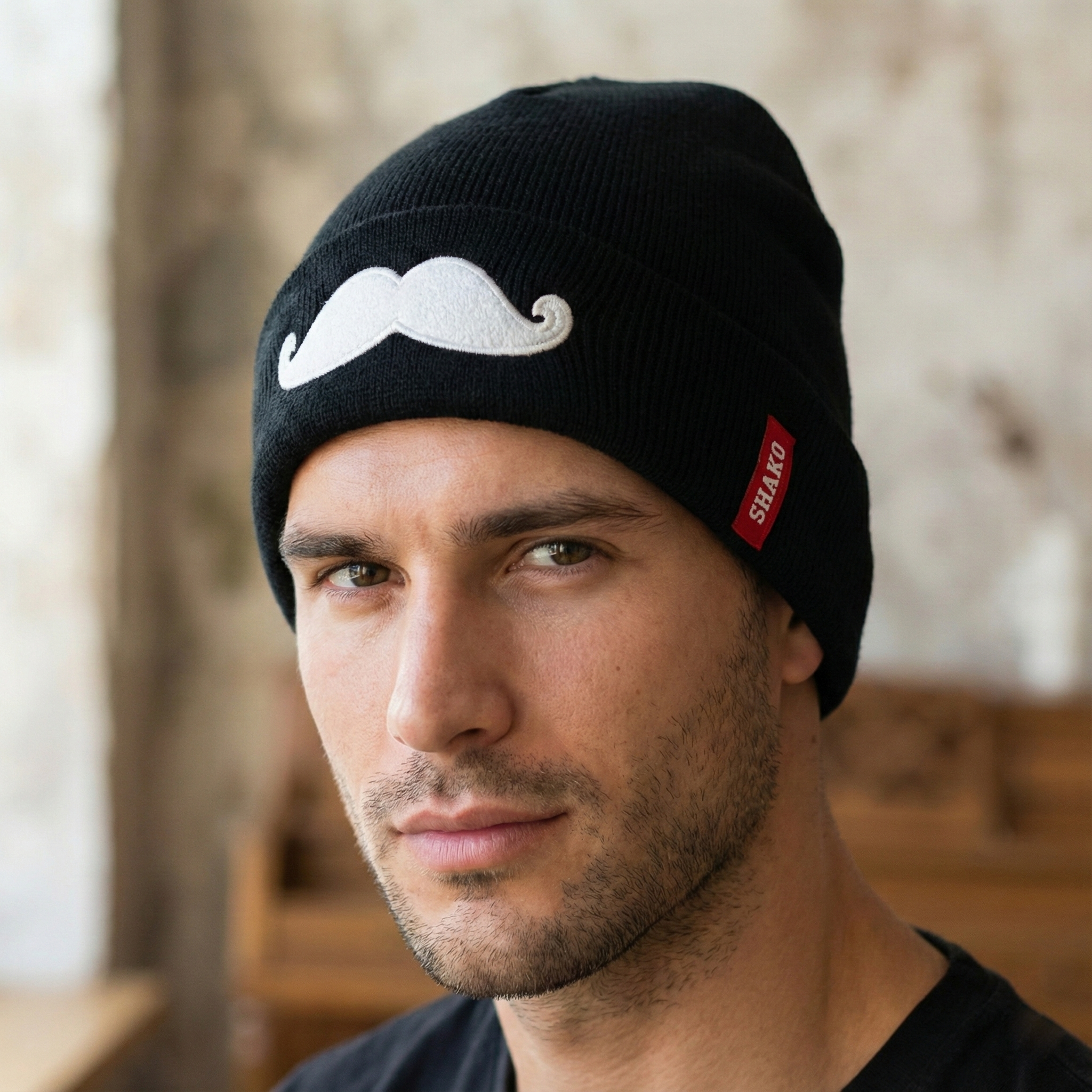 Shako Korean Beanie | Black Hat with White Mustache Embroidery
