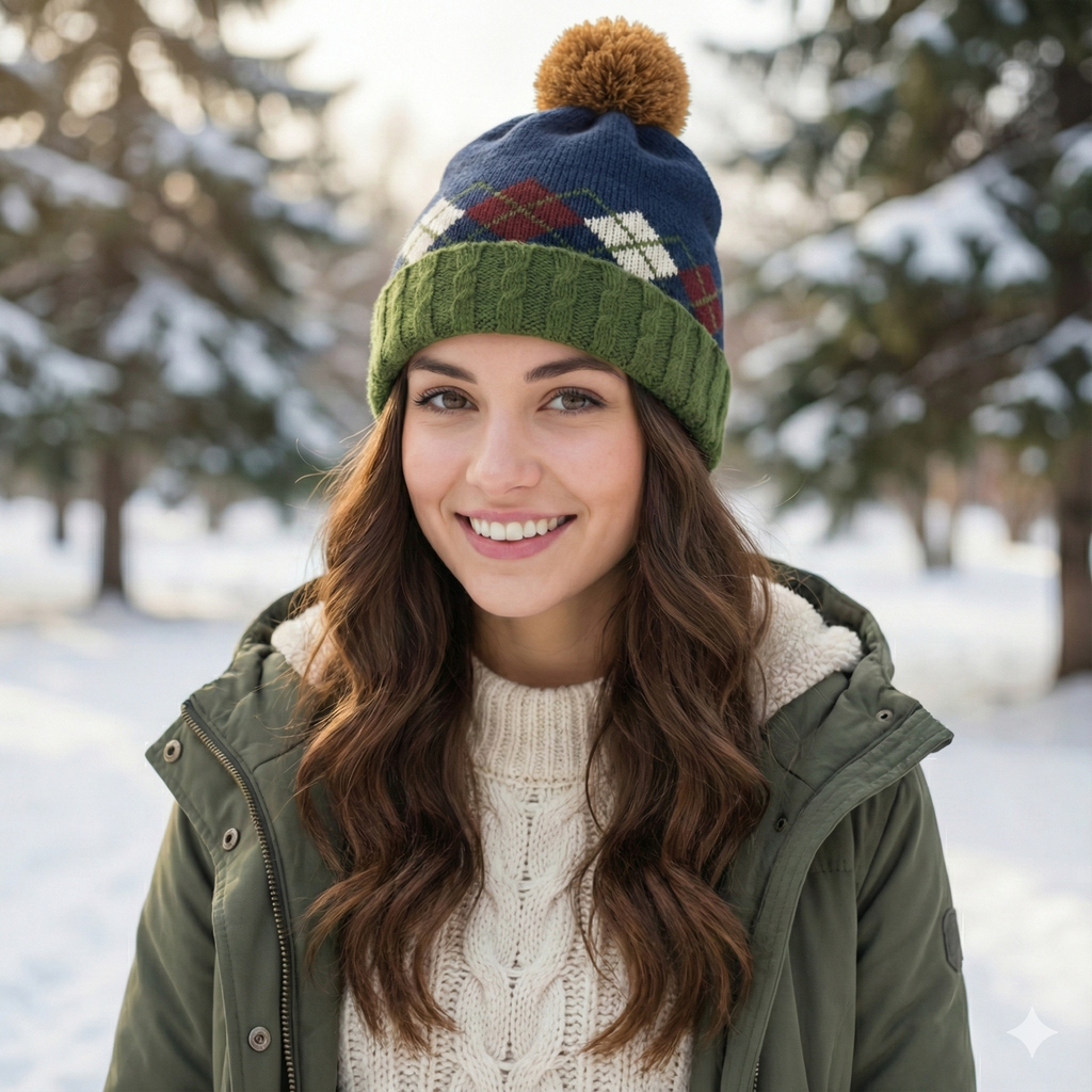 Argyle Pattern Pom Pom Beanie | Navy & Green Preppy Style Knit Hat | Korean Import