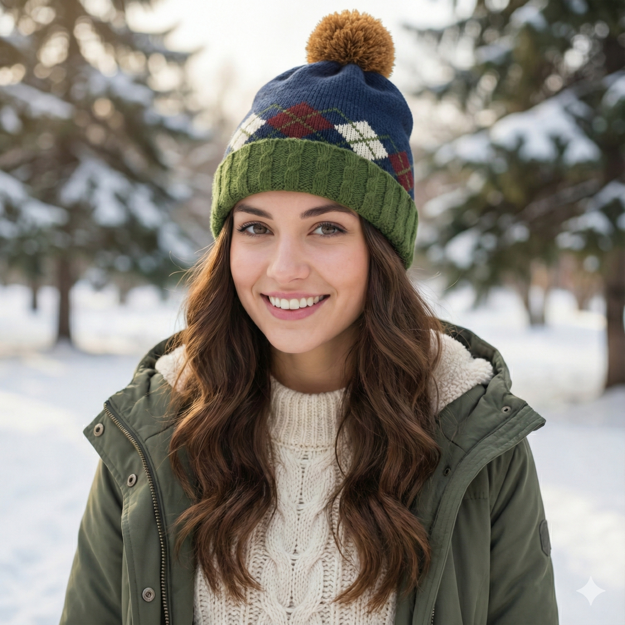 Argyle Pattern Pom Pom Beanie | Navy & Green Preppy Style Knit Hat | Korean Import