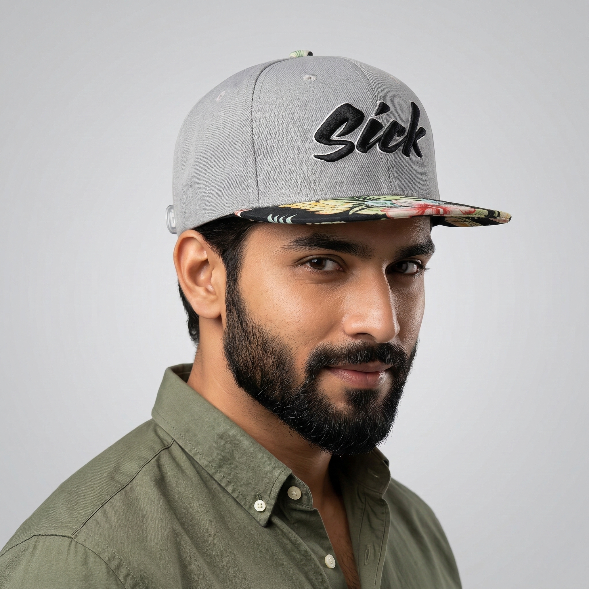 Streetwear Grey Floral Thrifted Snapback Cap - Unisex "Sick" Embroidery