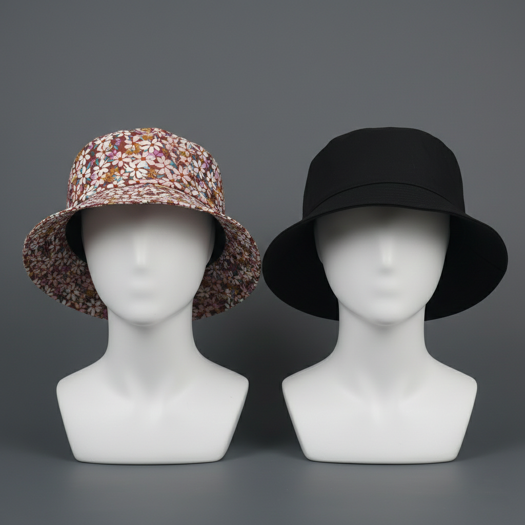 Double-Sided Daisy Print Bucket Hat - Maroon Floral & Solid Black | Unisex