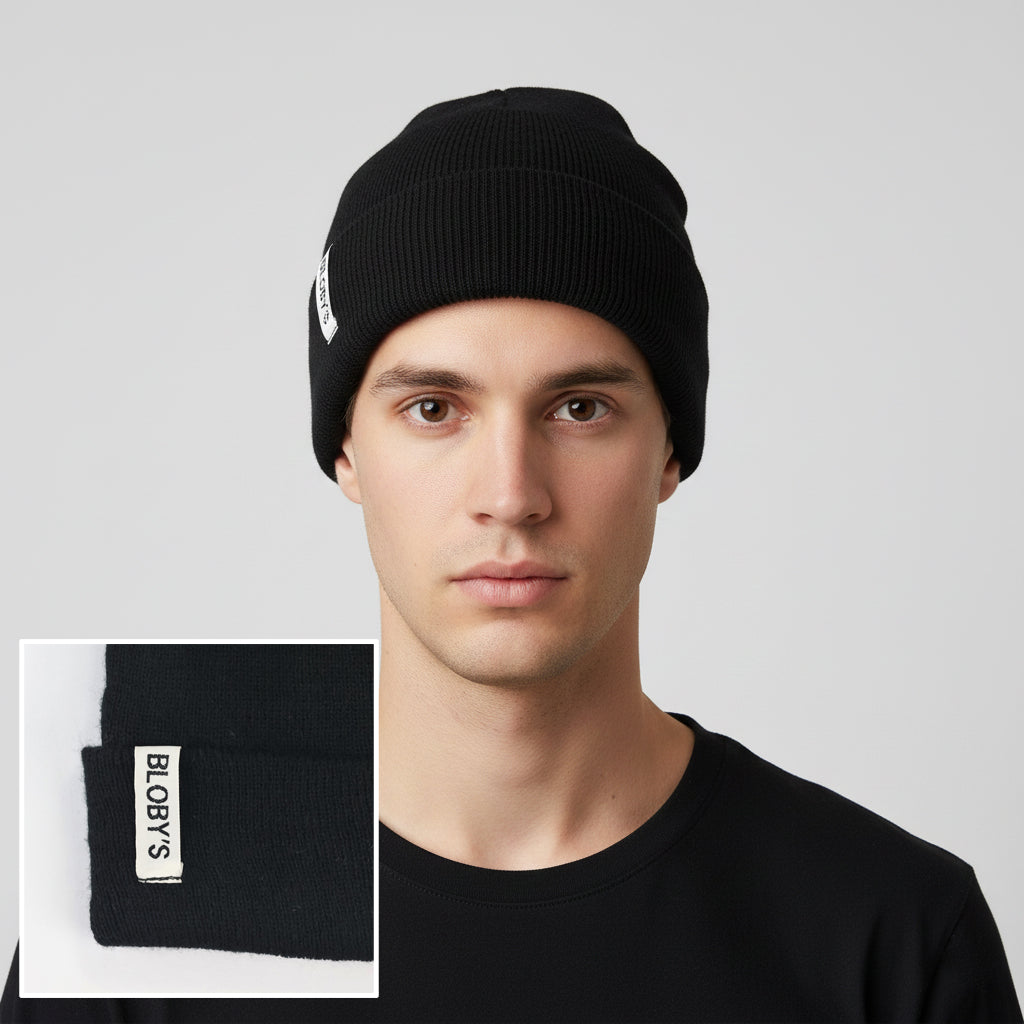 Official BLOBY Black Cuffed Thrifted Beanie – Minimalist White Logo Winter Cap