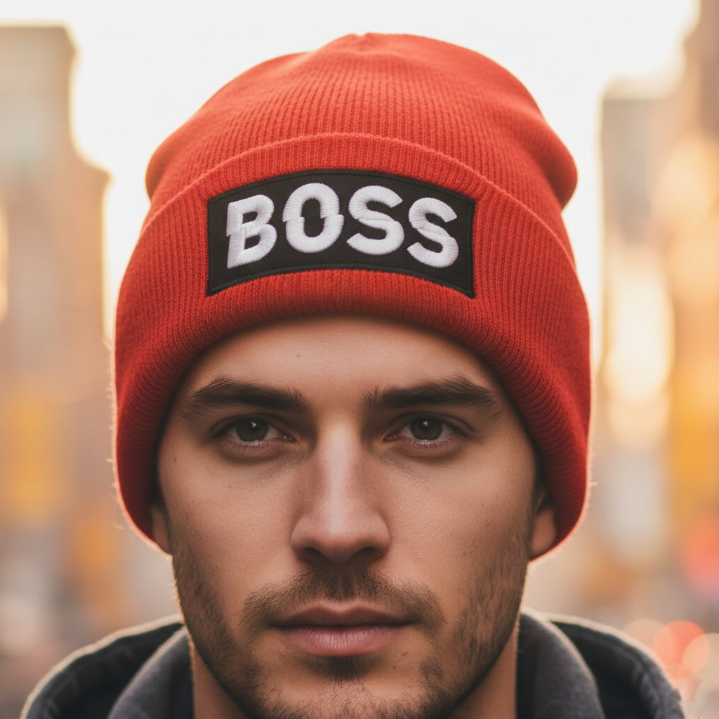 Red BOSS Embroidered Thrifted Beanie Hat – Classic Ribbed Winter Cap