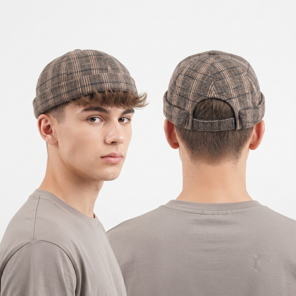 Thrifted Brown Plaid Miki Hat | Brimless Docker Beanie Cap