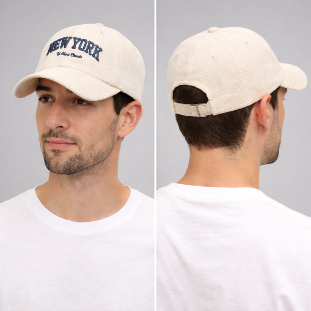 SPAO Cream Corduroy "New York" Embroidered Thrifted Baseball Cap