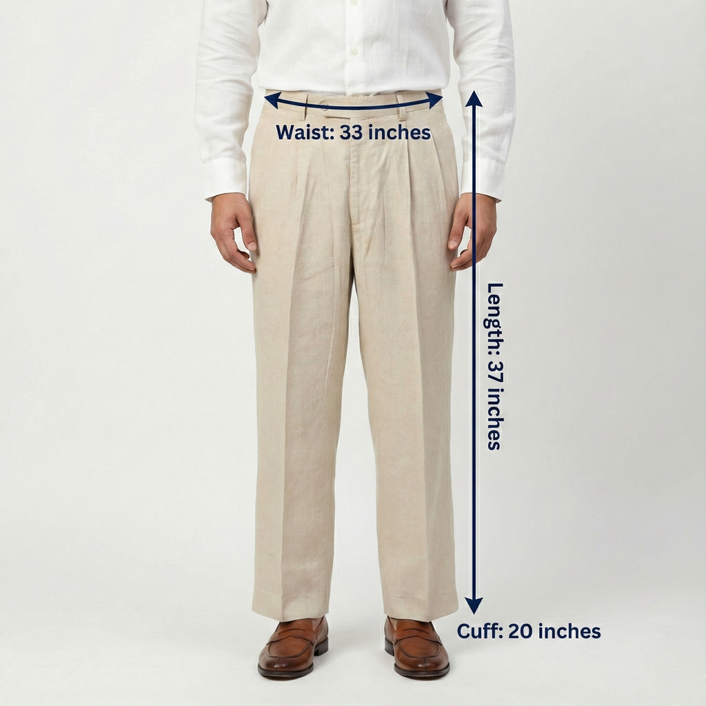 Men’s Beige Linen-Blend Pleated Formal Trousers – MEN’S CLUB | Waist 33 | Lightweight Summer Pants