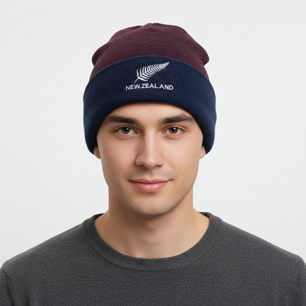 New Zealand "Silver Fern" Beanie | Cricket & Rugby Fan Winter Hat | Navy & Burgundy