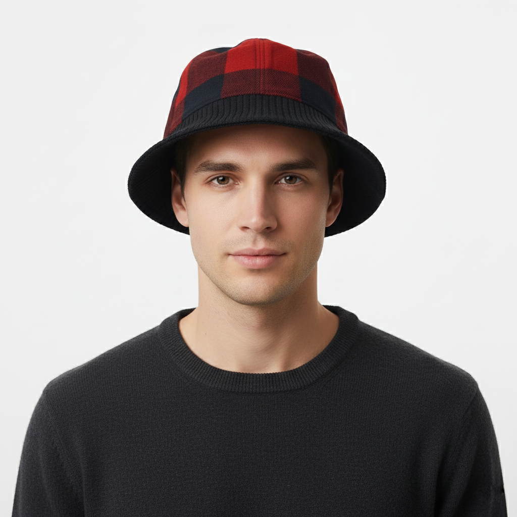 Korean Hybrid Bucket Hat | Red & Black Checkered Flannel with Knit Cuff